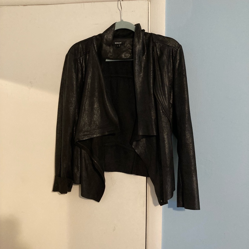 Faux leather motorcycle jacket with size zipper and drape collar, large